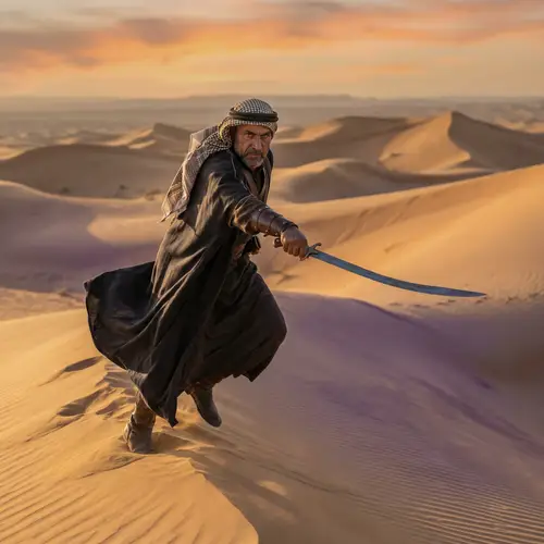 Dynamic Warrior in Traditional Islamic Attire