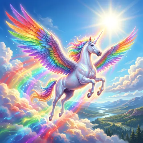 Majestic Rainbow Unicorn Soaring in Sunny Sky