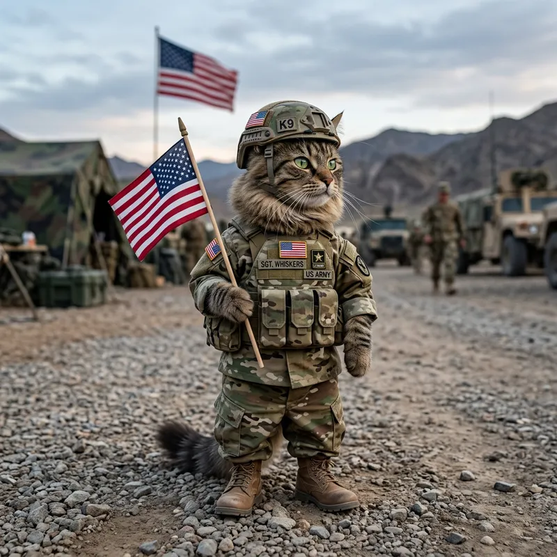 Soldier Cat: Brave Feline in Military Attire Stands Ready