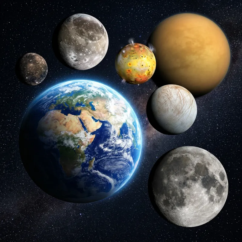 Earth with 6 Moons: Ganymede, Io, Europa, Titan in Sky