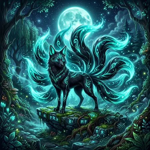 Stunning Black and Teal Nine Tailed Fox Art