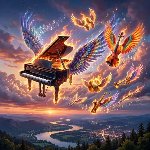 Flaming Musical Instruments with Wings - Surreal Sky Panorama