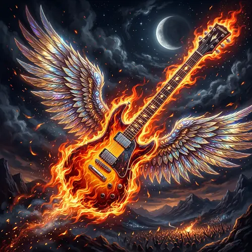 Flaming Guitar with Wings - Mystical Rock and Roll Fantasy Art