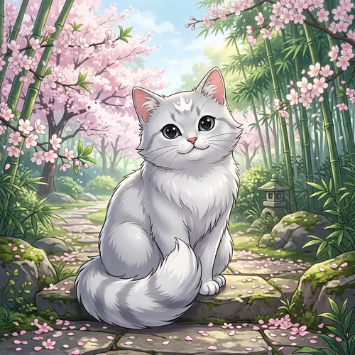 Anime-Style Cat with Silver Fur Coat