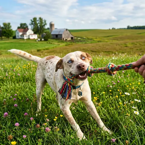 Playful Midwest Farm Dog with Ivory Fur and Brown Spots