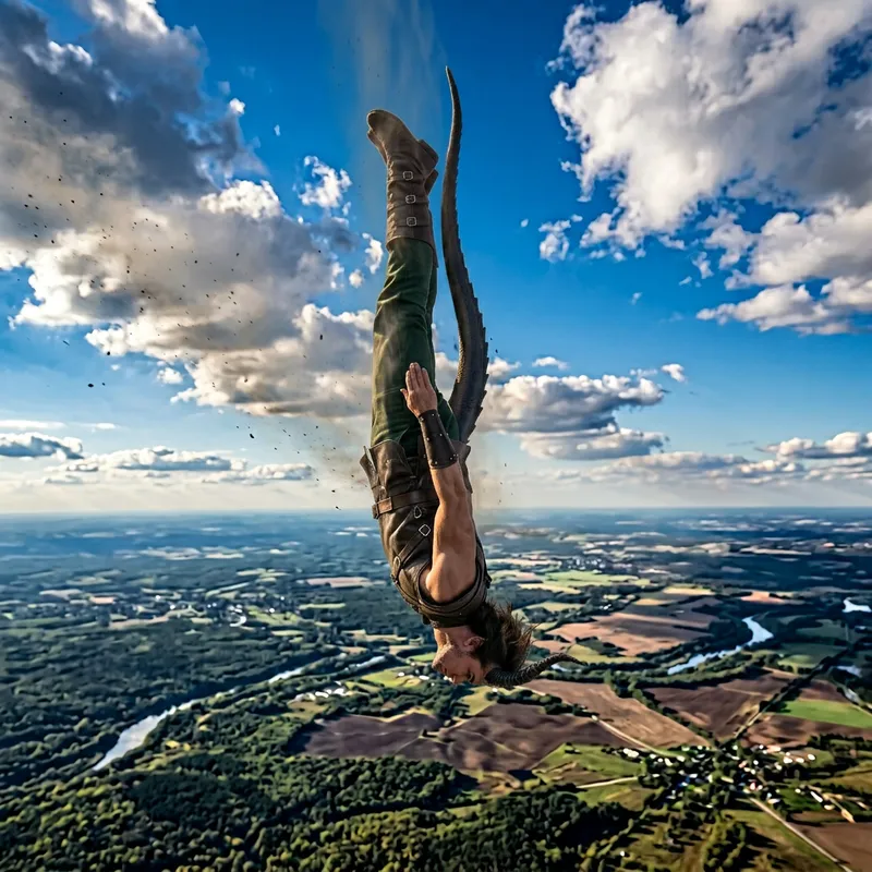 Enigmatic Sky Diver with Tail and Horn Plunging to Earth