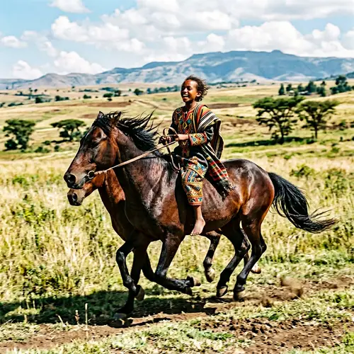 Ethiopian Boy in Traditional Clothing Riding Horse