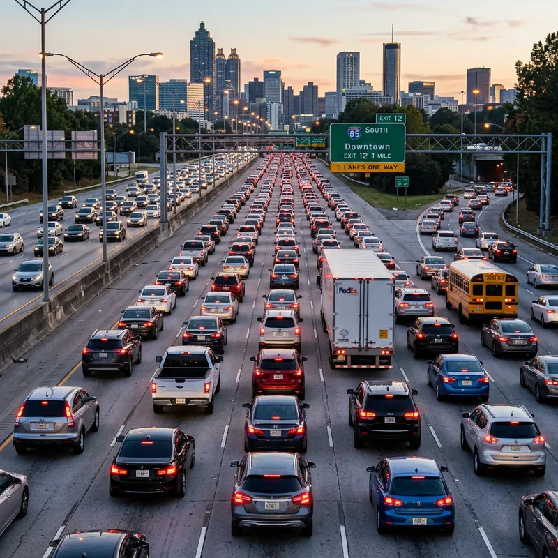 Five-Lane One-Way Highway Traffic in Rush Hour