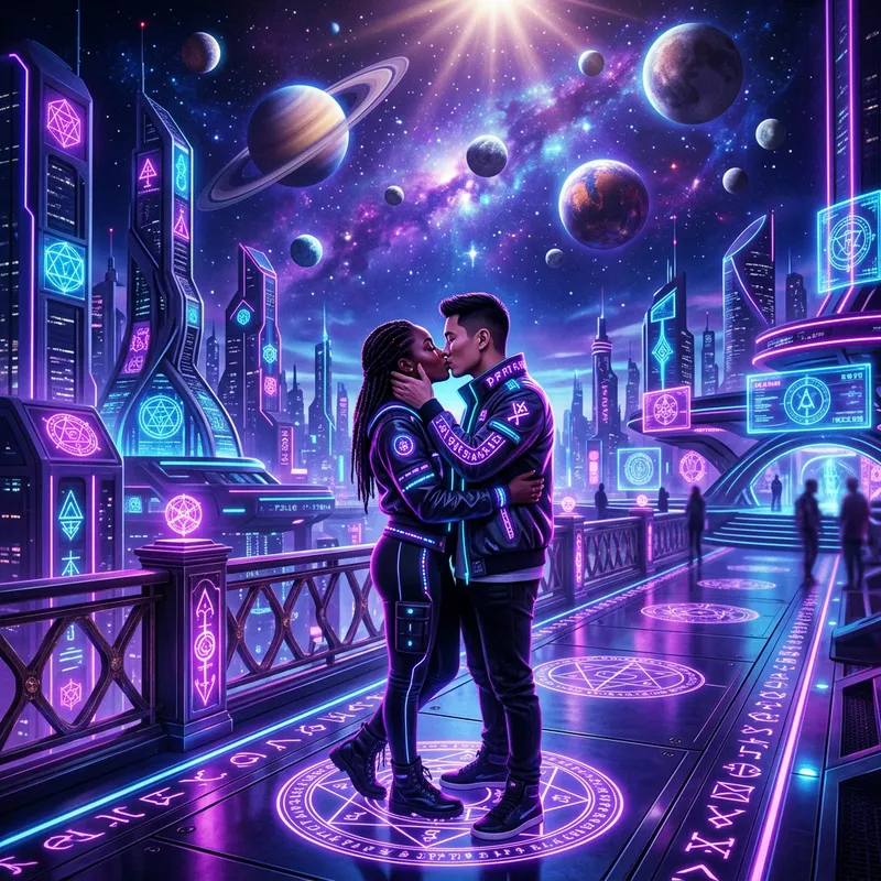Future World of Isoteric Love: Lovers Kissing Under Neon Skies