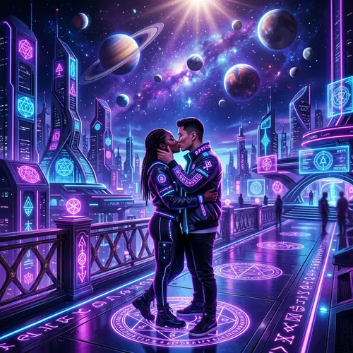 Futuristic World of Isoterics: Asian Man & Black Woman Kiss