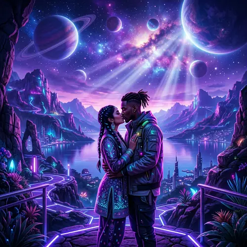 Vibrant Future World: Grandeur of Isoteric Elements | South Asian Woman & Black Man Kiss