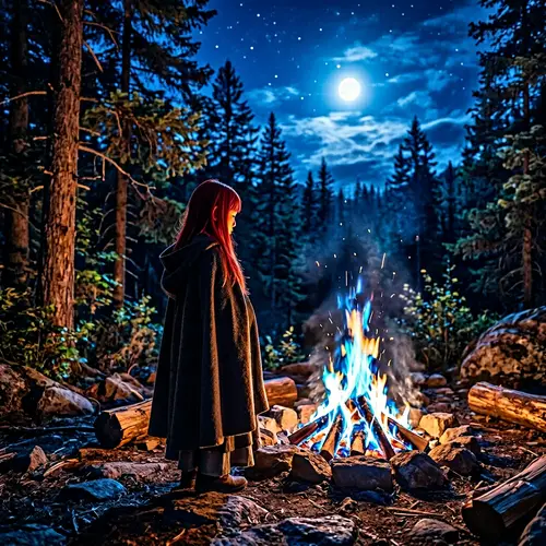 Moonlit Night Scene with Young East Asian Girl Near Roaring Fire