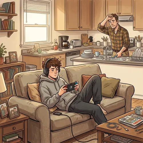 Teenager Boy's Apathy Towards Chores: Father's Patience in Home Scene