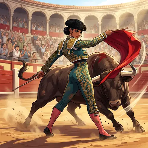 Female Matador Engages Bull in Arena | Anime Style Artwork