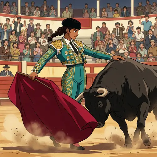 Female Matador Engages Gracefully in Bullfighting Arena