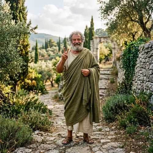 Classical Philosopher Portrait Smiling Peacefully in Natural Setting