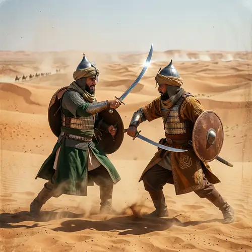 Medieval Middle-Eastern Warriors Duel in Desert Environment