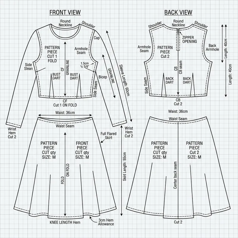 Detailed Skater Dress Pattern Sketch with Long Sleeves