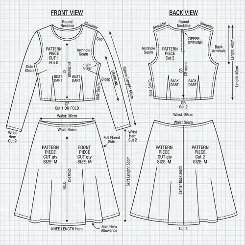 Detailed Skater Dress Pattern Sketch with Long Sleeves