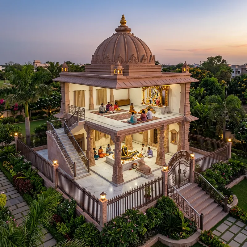 Architectural Beauty: Shiv Temple with Pillars, Statues, and Marble Flooring