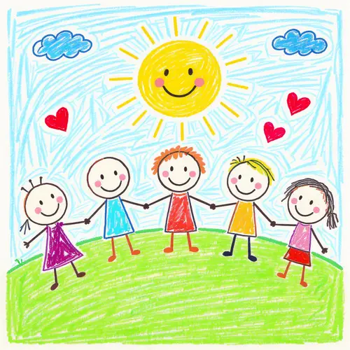 Colorful Kids Drawing Celebrating Unity and Happiness