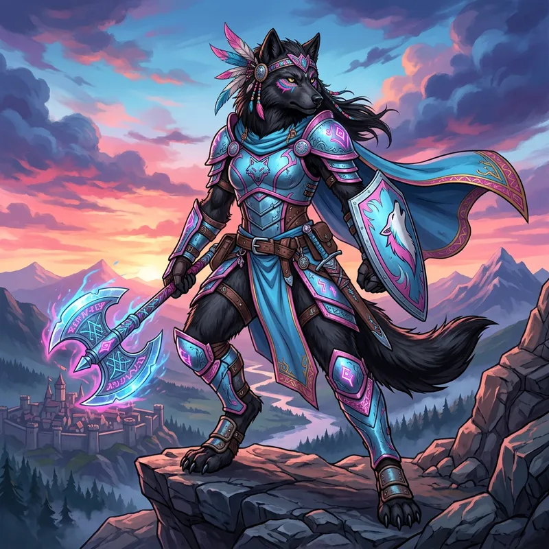 Female Black Wolf Warrior in Colorful Outfit