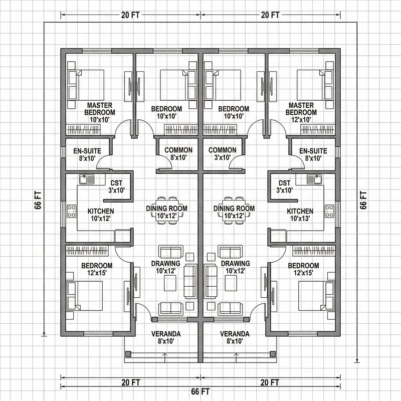 Architectural Design Layout for 20ft*66ft Plot with 2 Units