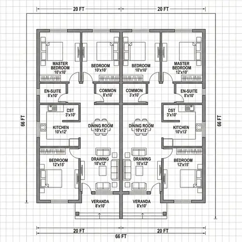 Architectural Design Layout for 20x66ft Plot with 2 Units