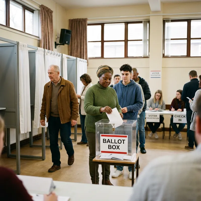 Political Scene with Voters, Ballot Boxes, and Voting Public
