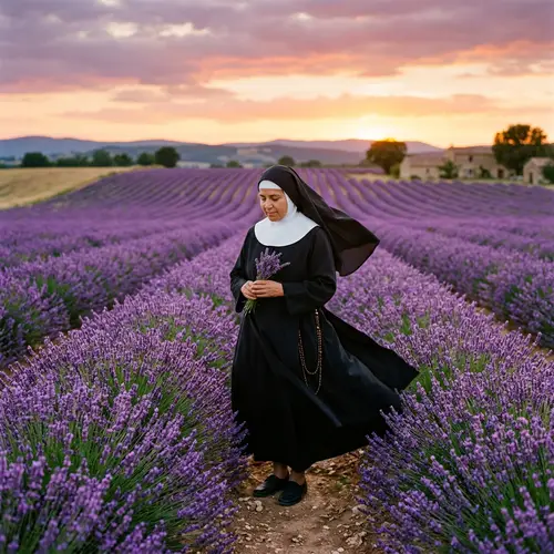 Hispanic Nun Amidst Lavender Fields | Tranquil Scene