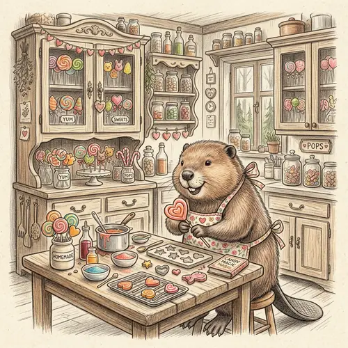 Cute Beaver Making Candies in Kitchen Art