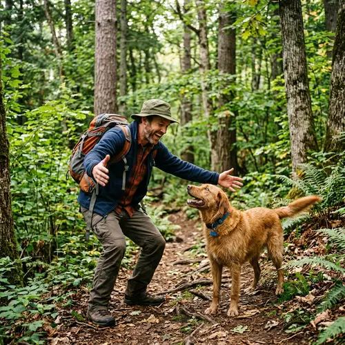 Caucasian Man Reunites with Lost Brown Dog in Forest