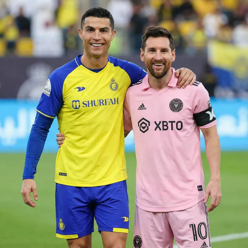 Ronaldo and Messi Smiling Together in Jerseys