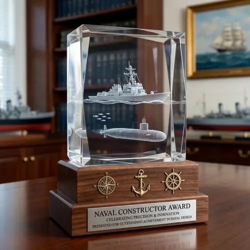 Transparent Acrylic Prism Trophy with Warship and Submarine Design