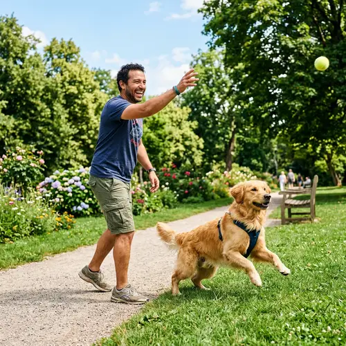 Dynamic Interaction in Lush Park: Hispanic Man and Golden Retriever Playing with Tennis Ball