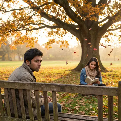 Unrequited Love Scene: Longing Man Observing Woman in Park