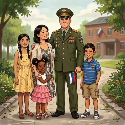 Russian Military Man Standing Proudly with Diverse Family Illustration