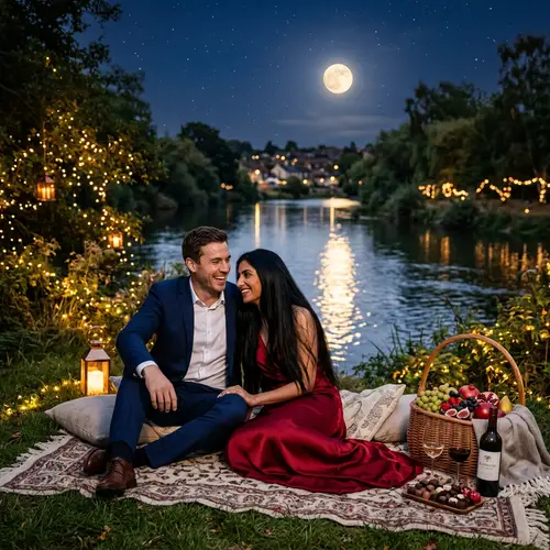 Romantic Couple Enjoying Moonlit Night by the River