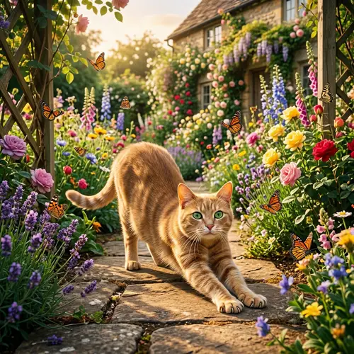 Enchanting Tawny-Coated Feline Stretching in Sunlight
