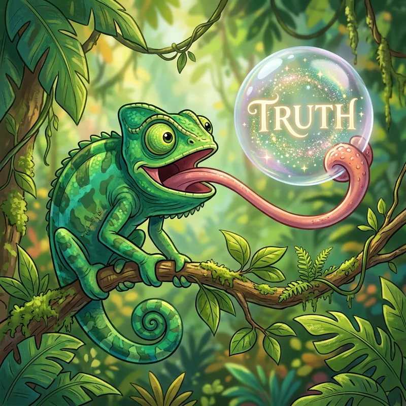 Green Chameleon Catching Truth - Cartoon Style Illustration