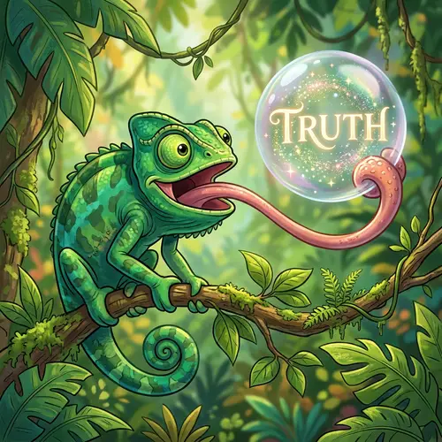 Colorful Chameleon Catching Truth - Cartoon Style Illustration