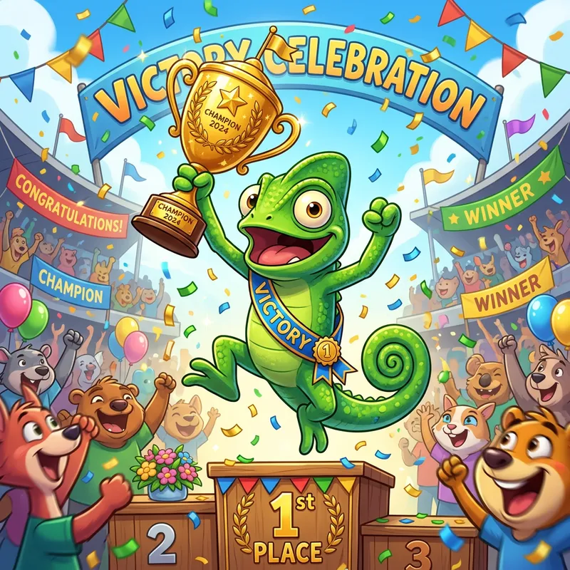 Green Cartoon Chameleon Celebrates Victory with Trophy
