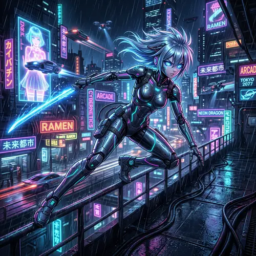 Futuristic Anime Android with Neon Lights - Cyberpunk Scene