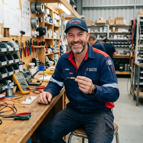 Friendly Electrician in Blue and Red Uniform