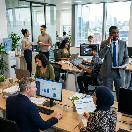 Diverse Professional Scene in Busy Modern Office Setting