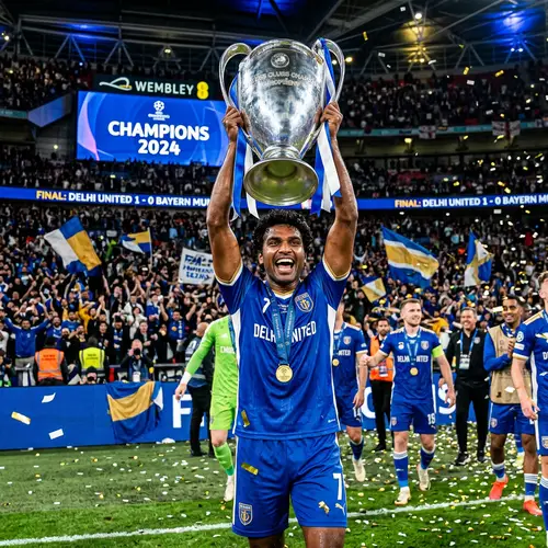 Triumphant Soccer Player with Champions League Trophy