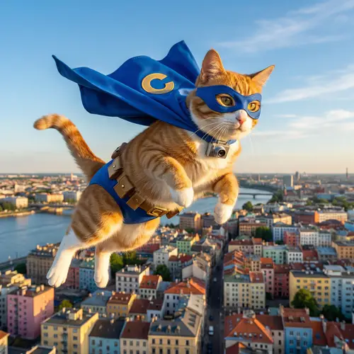 Superhero Cat Soaring in the Sky: Protecting Town Below