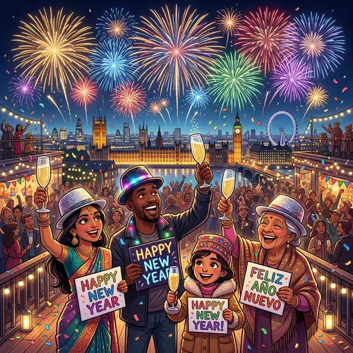 Colorful New Year's Eve Festivities with Diverse Crowd Celebrating