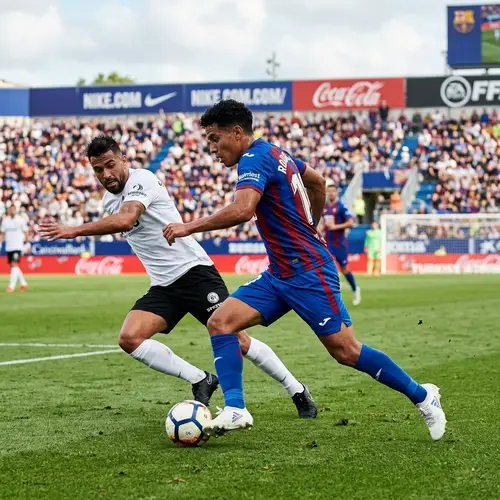 Professional Footballer Dribbling Past Opponent on Field