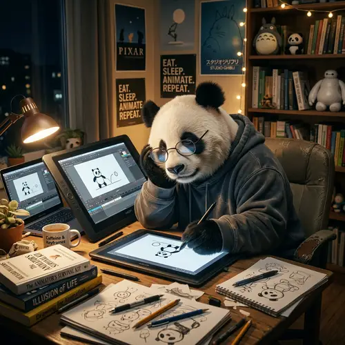 Tired Panda Studying Animation Techniques